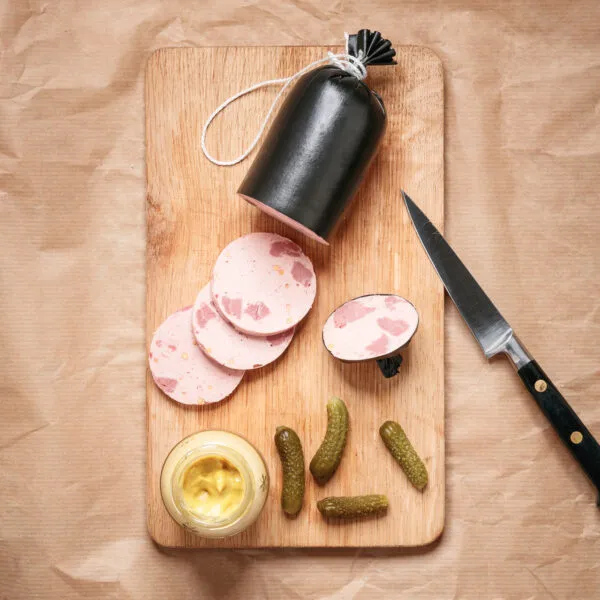 saucisse au magret sur planche en tranche avec condiments