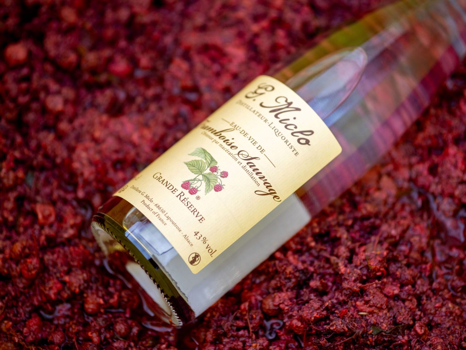 liqueur de framboises sauvages sur un lit de framboises