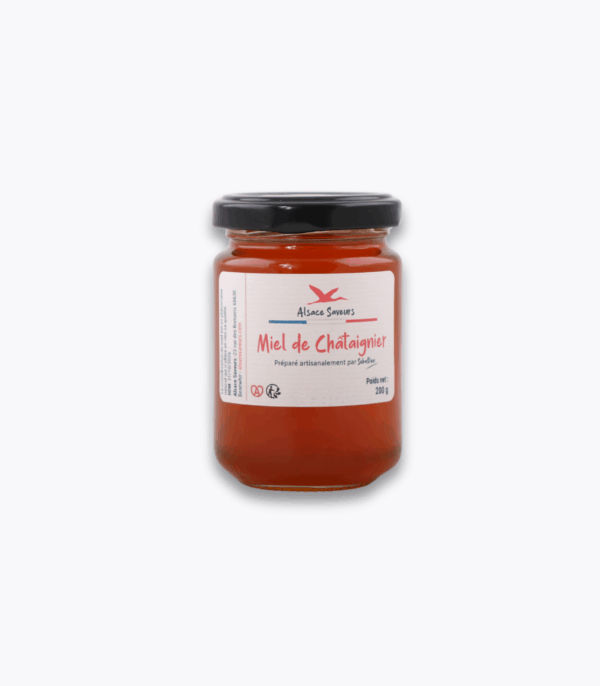 pot de miel de châtaignier sur fond gris