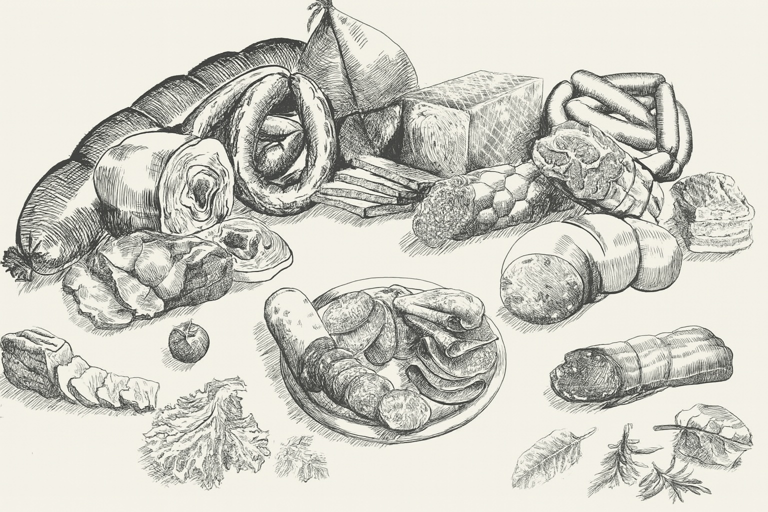 ilustration de charcuteries alsaciennes en noir et blanc