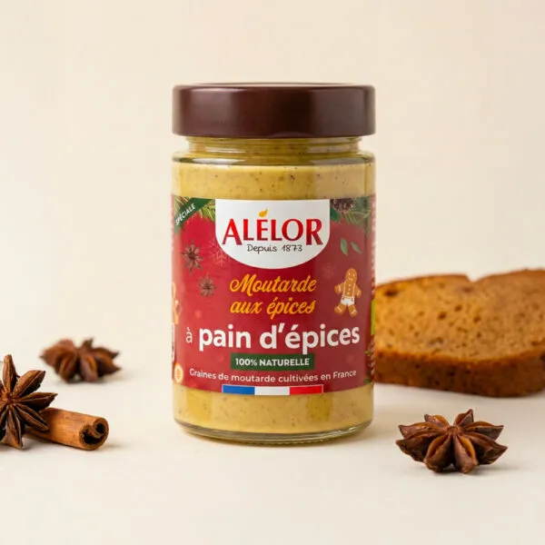 moutarde aux épices avec pain d'épices en fond
