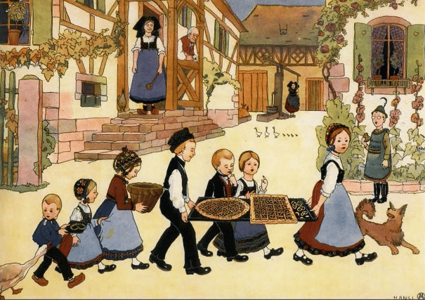 enfants alsacien portant des gâteaux